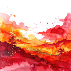 Watercolor landscape painting with fiery red and orange hues, featuring hills, and a cloudy sky