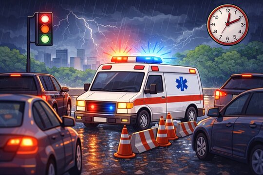 Emergency Ambulance Stuck in Heavy Traffic Illustration