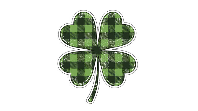 Single four-leaf clover with a green plaid pattern and distressed texture for saint patrick day decorations and good luck theme designs.