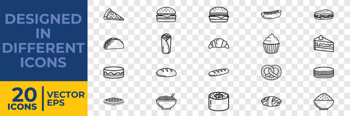 A collection of 20 minimalist flat vector icons depicting various fast food items, desserts, and drinks, designed in a clean and modern style.