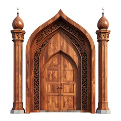 Ornate wooden Islamic-style arched doorway with pillars, intricate carvings, and an overall warm hue