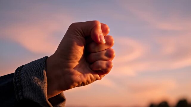 Hand in the sunset, a symbol of strength and determination.