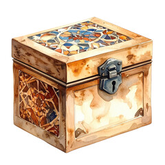 Watercolor illustration of a wooden chest with stained glass details on top and front