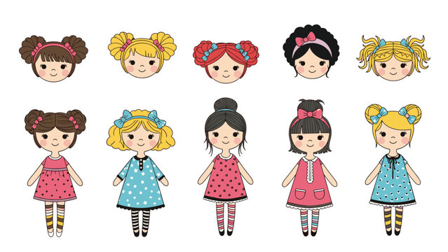 Collection of cute illustrated dolls and matching doll heads with various hairstyles for children toy branding and character design projects.