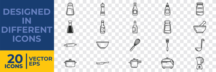 Obraz premium A collection of 20 minimalist flat design vector icons depicting kitchen utensils, appliances, and cookware in a clean, modern style.
