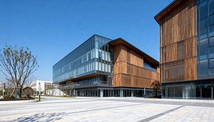 Obraz premium Modern Architectural Complex with Glass and Wood Facades