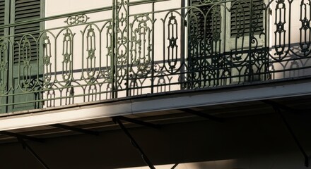 Fototapeta premium Ornate Green Wrought Iron Balcony with Shadows on Building Facade