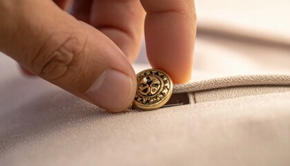 Close up of a human hand fastening a decorative gold button on a light colored textured fabric clothing detail with soft natural lighting and shallow depth of field