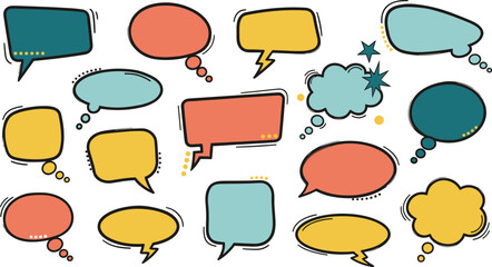 Fototapeta premium Collection of Colorful Speech and Thought Bubbles in Playful Styles with Teal, Orange, Yellow, and Blue Variations for Communication