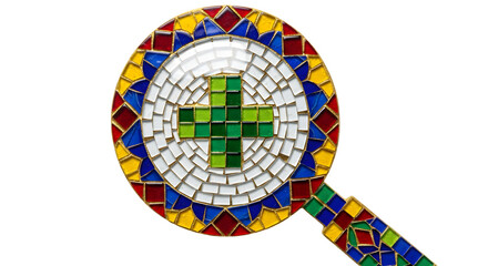 Fototapeta premium Mosaic Magnifying Glass with Green Cross in Vibrant Colors and Intricate Patterns for Spiritual Symbolism