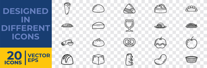 Obraz premium A collection of 20 flat vector illustrations featuring food, kitchen utensils, and dining items in a minimalist and modern design style.