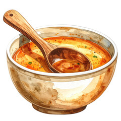 Watercolor depiction of warm soup in a beige bowl with a wooden spoon resting inside
