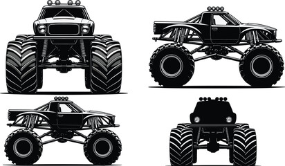 Monster truck illustration set with oversized tires, off road lifted pickup vehicle vector isolated on white background © Jisan World
