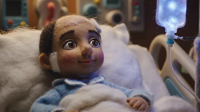 Animated puppet patient in hospital bed with IV drip.