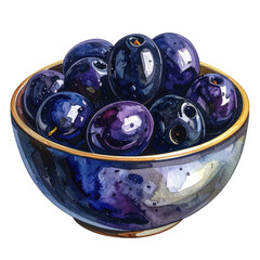 Watercolor illustration of a ceramic bowl filled with dark, glossy, ripe plums