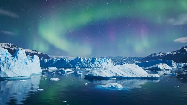 Majestic aurora borealis over glacial icebergs landscape, Arctic nature scenery.