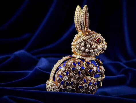 Exquisite Faberg&eacute; style jeweled golden rabbit statuette adorned with pearls and sapphire enamel rests on dark velvet.
