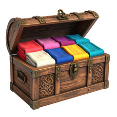 Wooden chest opened revealing a rainbow of folded cloth inside. Ornate carvings adorn the exterior