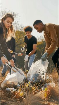 A group collects litter in a park. People hold large plastic bags. Fallen leaves cover the ground. Trees stand in the background. Outdoor community cleanup scene. Team effort for nature.
