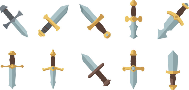 Medieval sword weapon icon set flat vector collection of fantasy blades and daggers isolated on light background