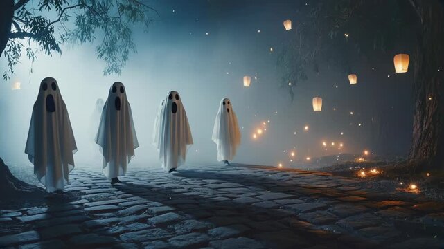 A spooky procession of people in ghost costumes walking on a cobblestone path at night. Halloween festival concept with magical floating lanterns and mystical fog in a dark forest