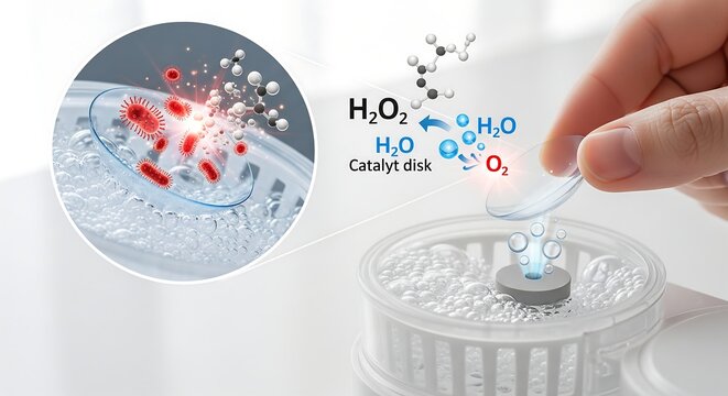 Close-up of Hand Inserting Catalyst Disk into Contact Lens Solution Case, Chemical Reaction Visualized, Hydrogen Peroxide Disinfection