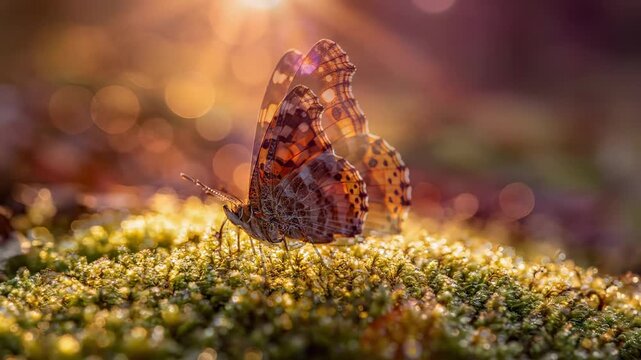 Butterfly Resting on Moss in a Sunny Environment.