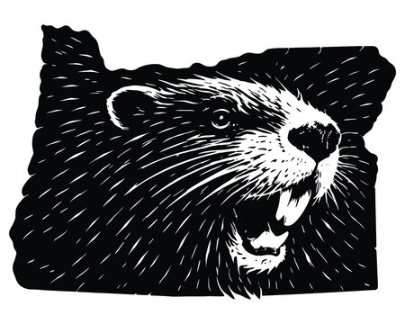 Beaver Illustration in Woodcut Style Merged with Oregon State Outline