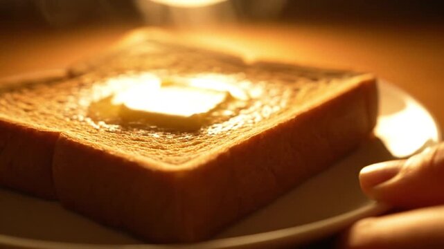 Macro detail of butter melting on warm toast, steam subtly visible in golden backlight, hand entering frame slightly adjusting plate