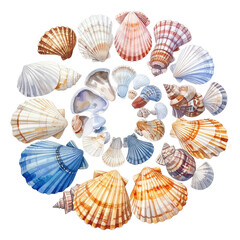 Circular arrangement of various seashells, showcasing diverse shapes and hues, set against a black backdrop