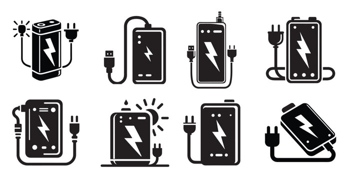 Power bank with USB cable and lightning sign bold black silhouette icon isolated on white. Battery charger pictogram. Recharger portable equipment vector element for infographic, web.