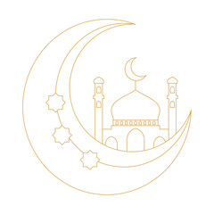 Elegant gold line art of mosque and crescent moon on white background with floral border accents. Minimalist Islamic design for Ramadan Kareem, Eid Al-Fitr, and religious festivals © afifurochim