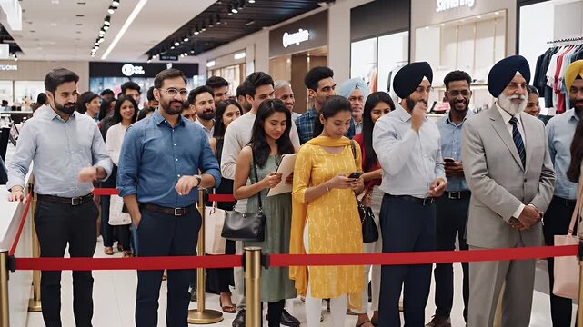 Long Line of People Waiting at Store - A diverse group of people, including men and women of varying ages, are standing in a long queue inside a store, waiting behind a red ribbon.