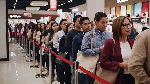 Long Queue of People Waiting at Store - A diverse group of women and men are standing in a very long line inside a store, waiting behind a red ribbon. The crowd is patient as they wait for their turn.