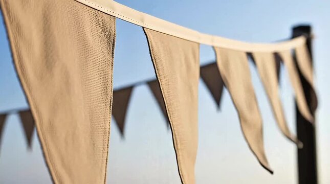 Beige burlap bunting flags hanging from a string against a clear blue sky background