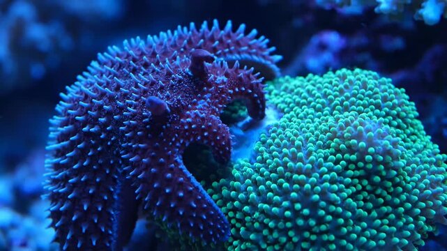 Vibrant underwater scene: Coral reef with purple starfish and green coral in ocean, close-up view.