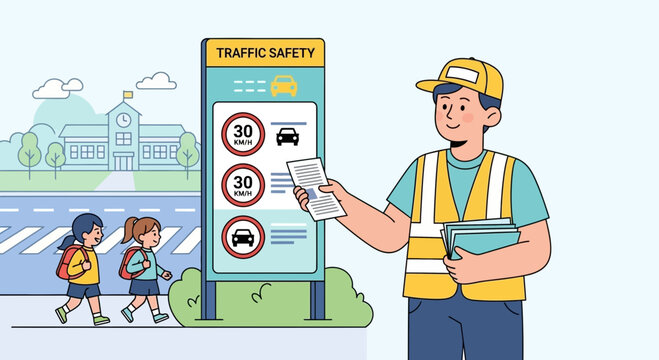 Traffic warden explaining road safety rules to children near school.