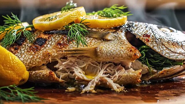Grilled Stuffed Fish with Lemon Slices Dill Herb Garnish Close-Up Seafood Dish