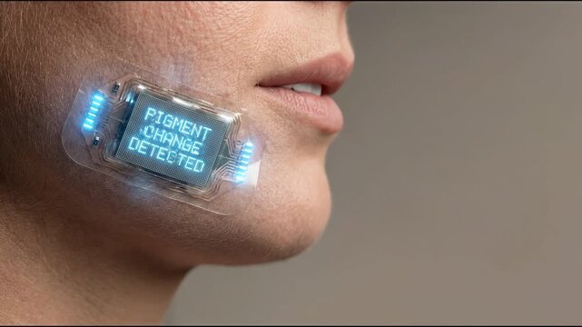 Close up electronic patch on face cheek showing advanced skin monitoring technology with digital display for health care and wearable electronic sensor detecting pigment change on skin