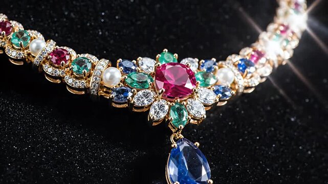 Luxurious Gold and Gemstone Necklace - A close-up shot features a stunning, intricately crafted gold necklace adorned with colorful precious gemstones, including a large ruby and a blue pendant.