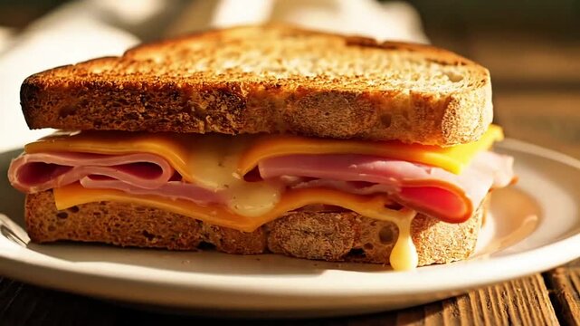 Toasted Ham and Cheese Sandwich Melted Cheddar Lettuce Tomato Onion Close-Up