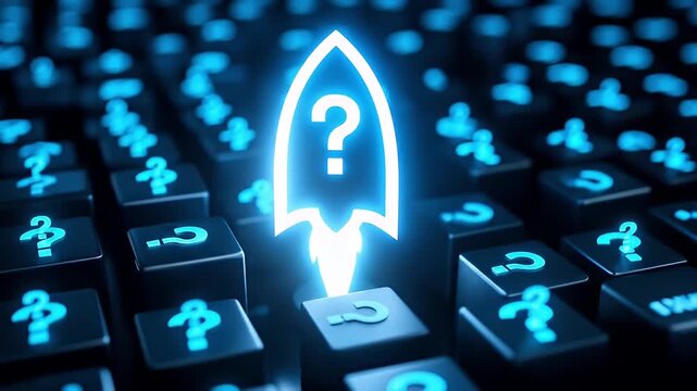 Question mark rocket keyboard technology innovation blue light symbol digital concept glowing background creativity exploration space startup launch mystery unknown problem solving futuristic idea