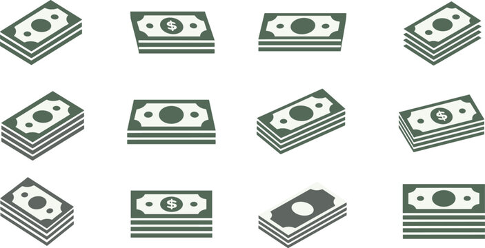 Money stack icon set flat vector collection of cash banknotes and currency bundles isolated on light background