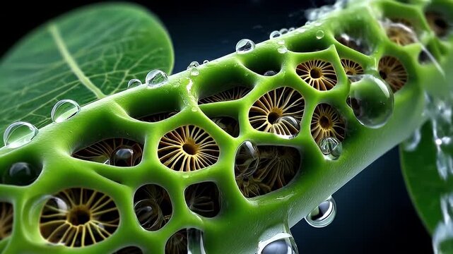 Green plant stem with water droplets close up macro photography showing intricate holes, detailed cellular structure, vibrant green texture, and natural beauty in natures fresh patterns