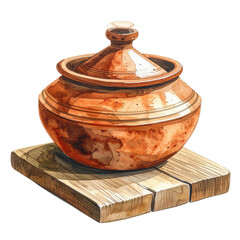 Watercolor illustration of a brown ceramic pot with a lid, sitting on a wooden board
