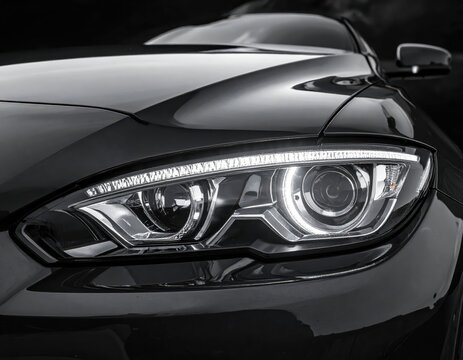 Close-up of Sleek Car Headlight with Modern Design and Shine