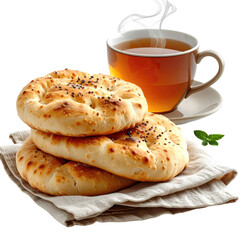 A stack of baked bread with poppy seeds and a cup of tea. Steam rises from the hot beverage