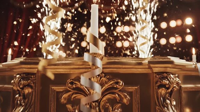 Golden Stage Podium for Celebration - This video shows a luxurious golden stage podium adorned with sparkling ribbons and lit candles, perfect for a celebration.