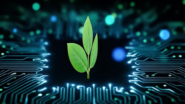 Green leaf technology circuit board digital innovation nature eco environment futuristic energy electronic glowing abstract pattern blue light connection science microchip modern design symbolizing