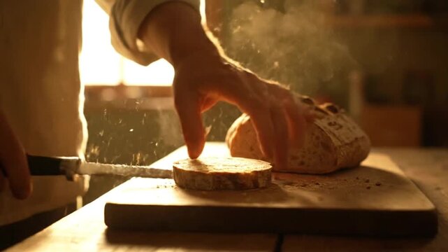 Backlit scene of father slicing bread on wooden board, bread crumbs floating in warm morning light, slow natural movement, shallow focus,